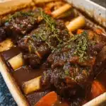 Delicious stout-braised lamb shanks served with garnishes