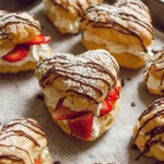 Fresh strawberry cream puffs with creamy filling, served on a plate.