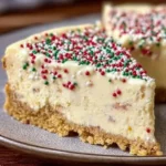Delicious sugar cookie cheesecake slice topped with whipped cream and sprinkles.