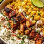 Delicious street corn chicken bowl topped with fresh ingredients and spices.