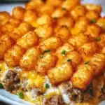 Delicious Tater Tot Casserole baked to perfection with crispy tater tots on top.