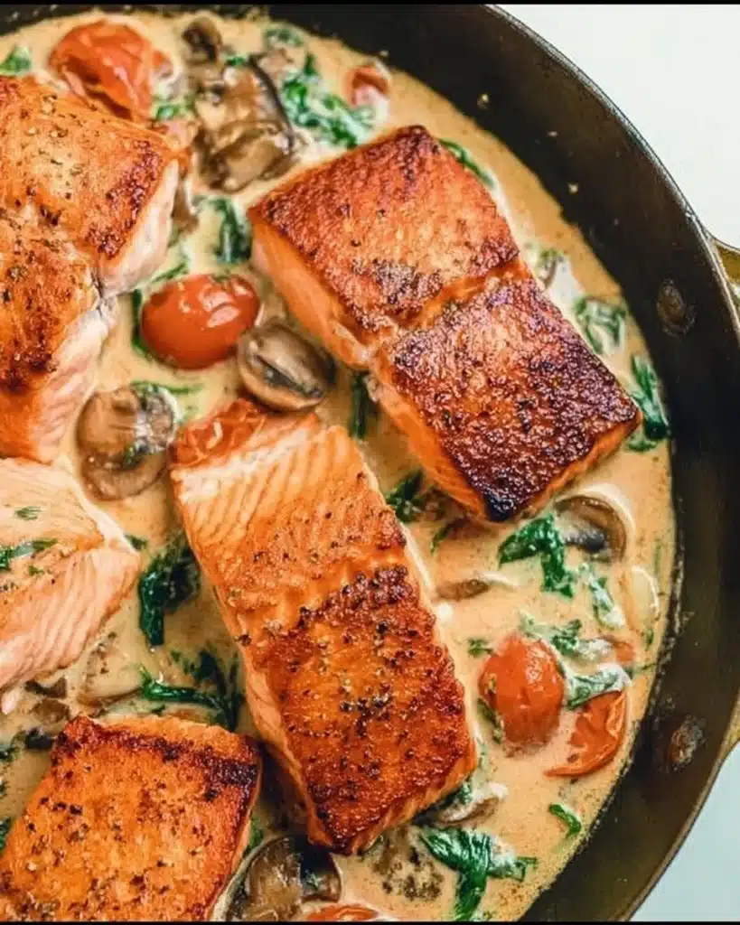 Delicious Tuscan Salmon dish with herbs and tomatoes served on a plate.