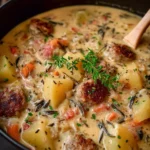 Creamy one-pot potato sausage chowder with fresh herbs and vegetables