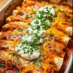 Plate of quick and easy chicken enchiladas topped with cheese and cilantro