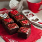 Delicious fudge brownies decorated with cute heart shapes for Valentine's Day