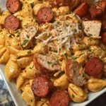 Creamy chicken sausage shells served in a bowl, ready for a healthy dinner.