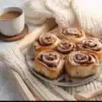 Delicious 30-minute sourdough cinnamon rolls with icing on a wooden table