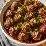 Delicious Asian glazed meatballs served in a bowl with sesame seeds and green onions