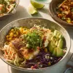 Baja fish taco bowls with fresh ingredients and vibrant toppings