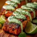 Baked Cajun salmon with avocado lime sauce served on a plate