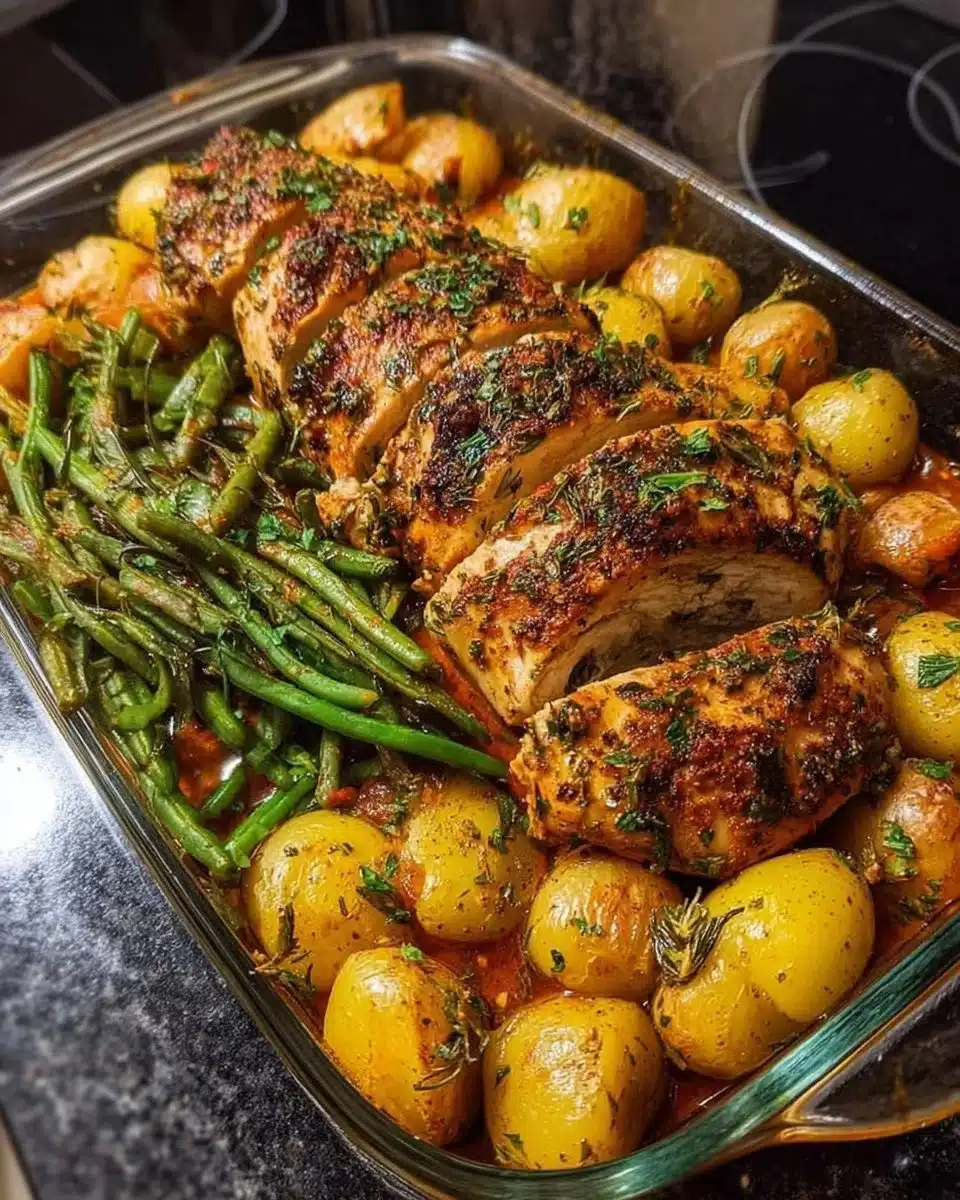 Baked Herb Chicken with Roasted Potatoes & Sautéed Green Beans