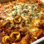Delicious baked tortellini topped with cheese and fresh herbs