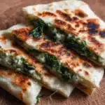 Delicious homemade Turkish Gözleme served with fresh herbs and yogurt sauce.