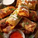Crispy Buffalo Chicken Egg Rolls served with dipping sauce