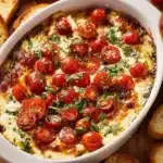 Delicious homemade Caprese Dip served with fresh basil and tomatoes