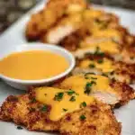 Plate of crispy Cheddar Chicken Tenders with dipping sauce