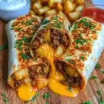 Cheesy beef and potato burritos served with fresh toppings