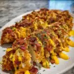Cheesy ranch baked chicken tenders on a plate garnished with herbs.