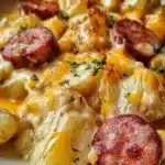 Plate of cheesy ranch potatoes with smoked sausage