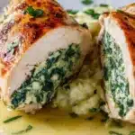 Cheesy spinach stuffed chicken breast served on a plate with herbs