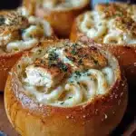 Chicken Alfredo Garlic Bread Bowls with creamy sauce and tender chicken