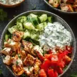 Healthy Chicken Tzatziki Bowl topped with fresh vegetables and creamy sauce