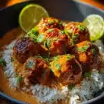 A bowl of Coconut Meatball Curry garnished with fresh herbs and served with rice.