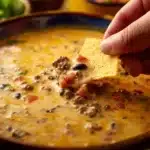 Delicious Cowboy Queso served in a dish with chips for dipping