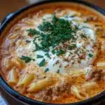 Bowl of creamy Alfredo Lasagna Soup with herbs and cheese