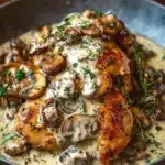 Creamy Asiago Mushroom Chicken skillet with fresh mushrooms and herbs