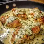 Creamy garlic parmesan chicken dish garnished with herbs