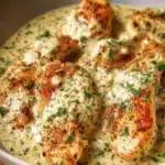 Creamy ranch chicken dish served on a plate with fresh herbs