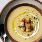 Creamy roasted garlic vegan potato soup in a bowl with fresh herbs on top.