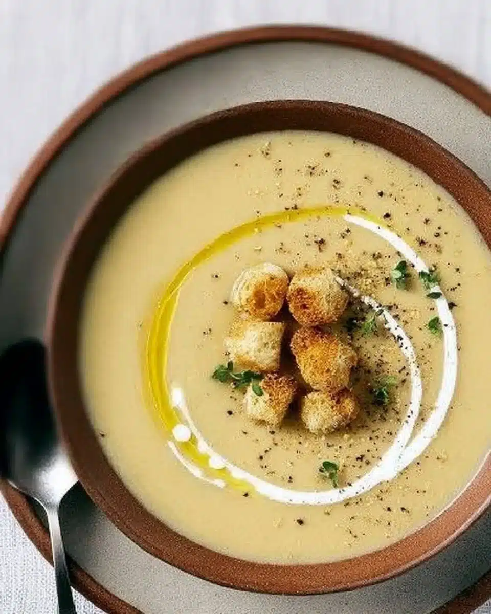 Creamy roasted garlic vegan potato soup in a bowl with fresh herbs on top.