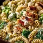 Creamy rotisserie chicken broccoli pasta dish with a garnish