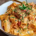 Creamy tomato garlic pasta served in a white bowl with fresh herbs on top
