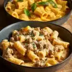Plate of creamy turkey pasta topped with fresh herbs