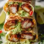 Crispy Chicken Avocado Ranch Burritos served on a plate with fresh ingredients