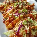 Crispy chicken wonton tacos served with fresh toppings and dipping sauce