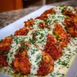Crispy Parmesan crusted chicken served with creamy garlic sauce.