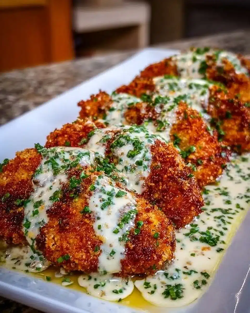 Crispy Parmesan Crusted Chicken with Creamy Garlic Sauce