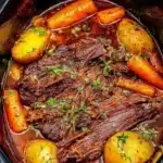 Delicious Crockpot beef pot roast served with vegetables