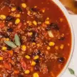 Delicious Crockpot Cowboy Soup ready to serve with fresh ingredients