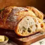 Crusty Dill Pickle Sourdough Bread loaf with a golden crust and pickle slices.