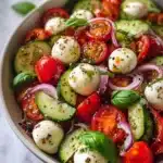 Fresh Cucumber Caprese Salad with tomatoes, mozzarella, and basil.