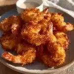Plate of crispy coconut shrimp with dipping sauce.