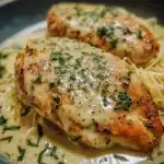 Bowl of creamy garlic parmesan chicken with herbs and spices in a crockpot