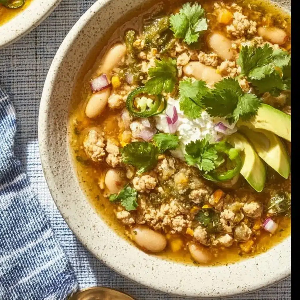 Bowl of Easy White Bean Turkey Chili Verde garnished with fresh herbs