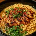 Bowl of Fiery Chicken Ramen with colorful toppings and broth