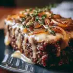 Deliciously baked French onion meatloaf topped with caramelized onions and cheese